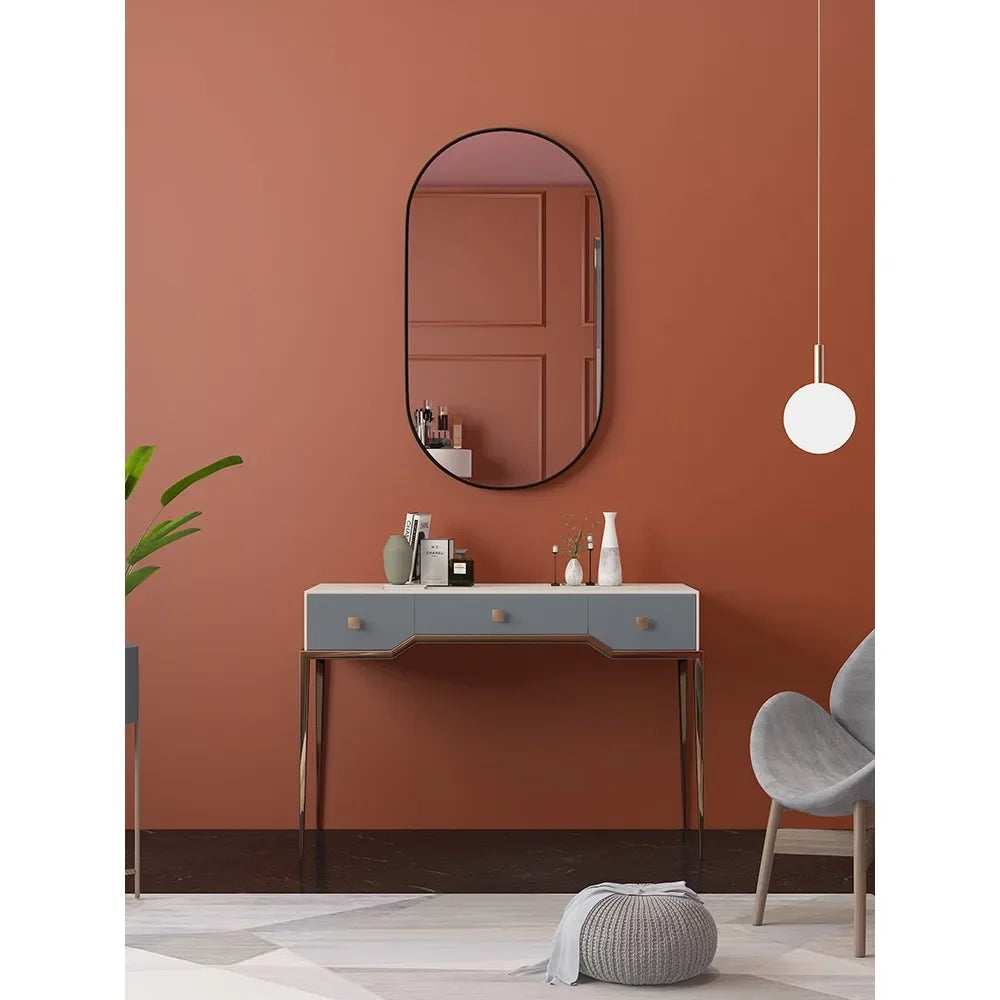 Punch-free bathroom mirror oval toilet wall desktop household black gold cosmetic