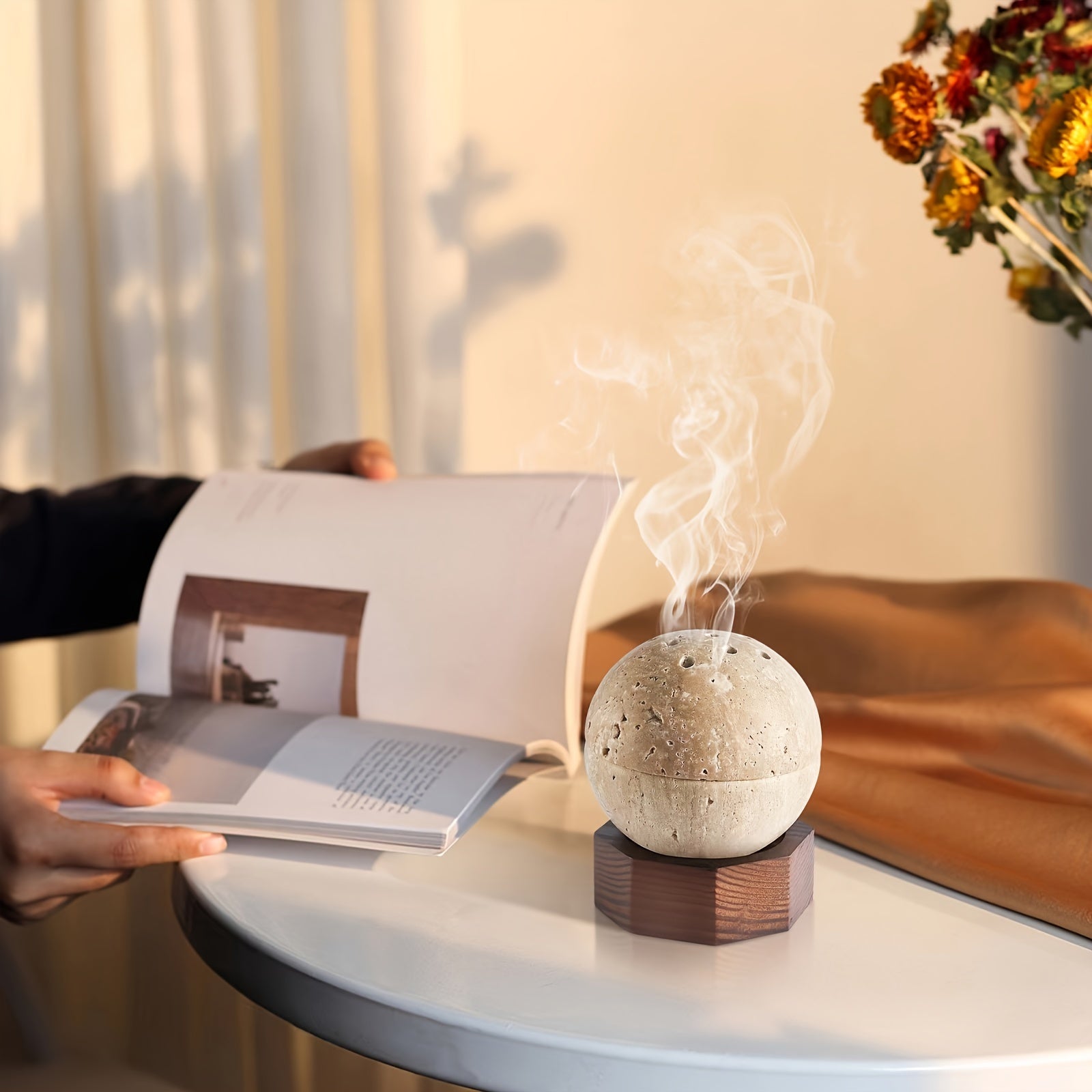 Travertine Sphere Incense Burner with Hexagon Wood Holder