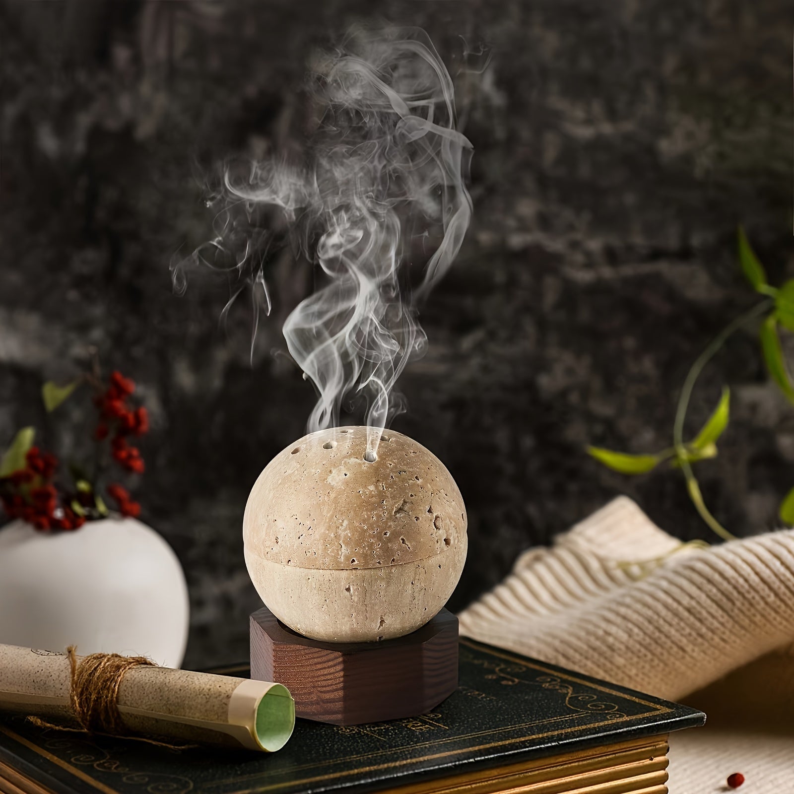 Travertine Sphere Incense Burner with Hexagon Wood Holder