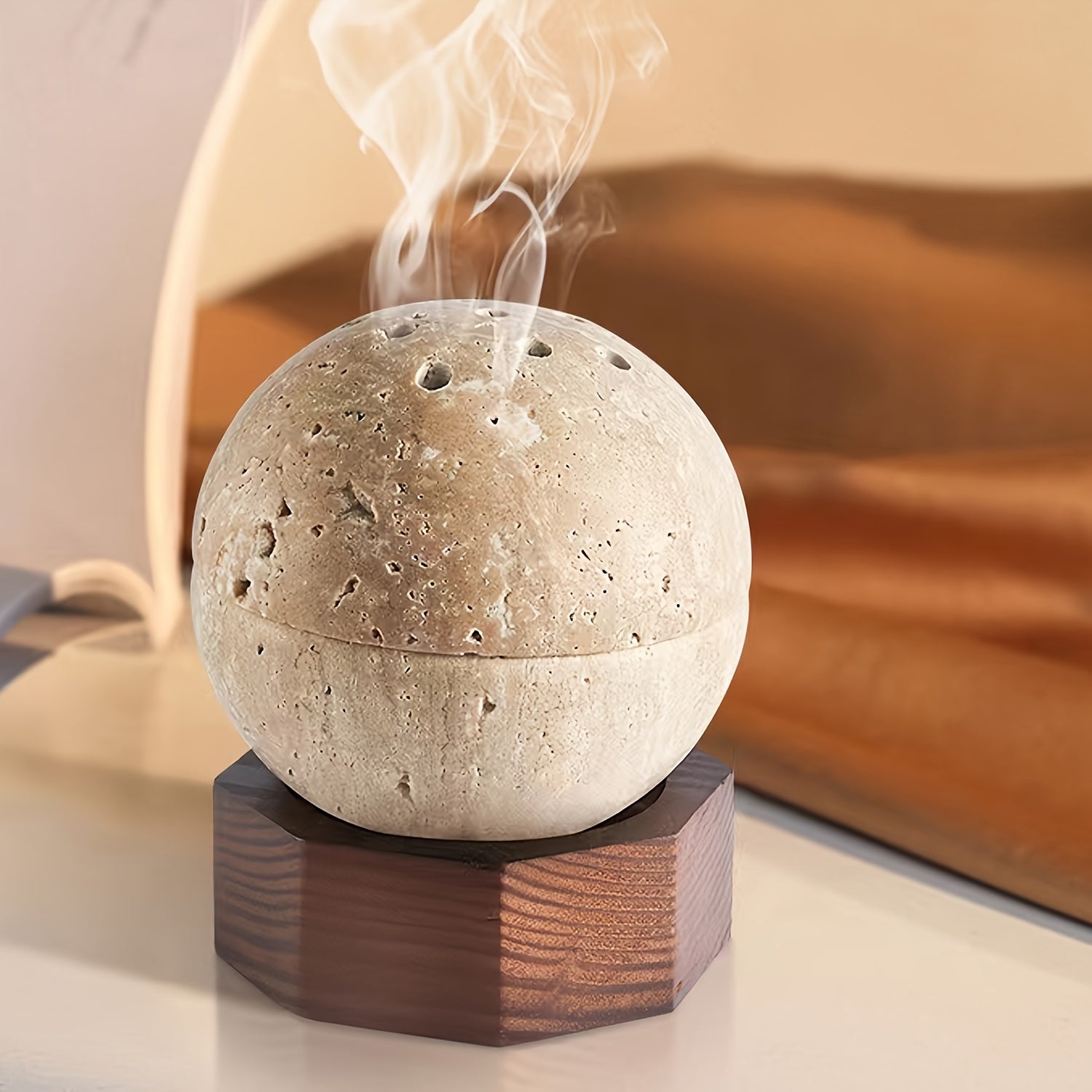 Travertine Sphere Incense Burner with Hexagon Wood Holder