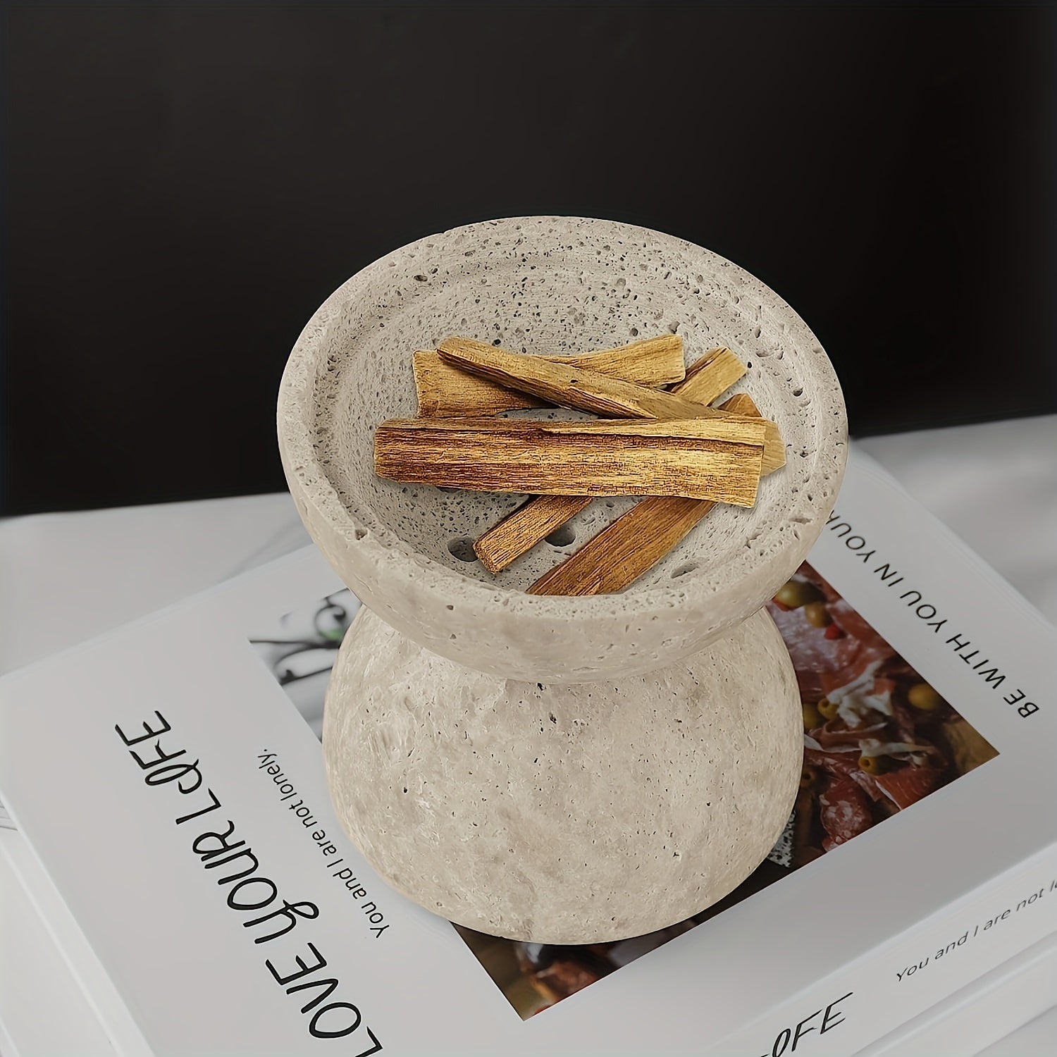 Travertine Sphere Incense Burner with Hexagon Wood Holder