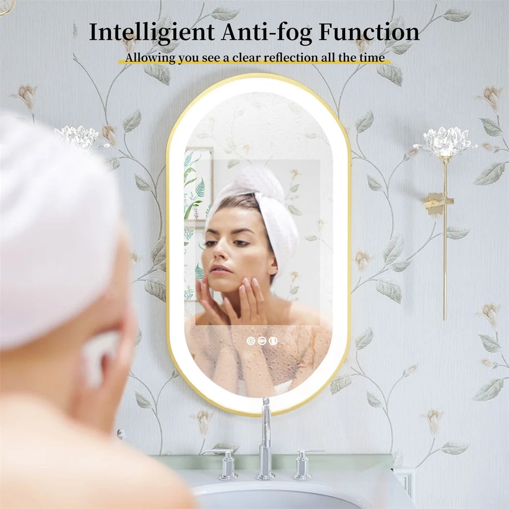 Luxury Oval Led Illuminated Bathroom Mirror Gold Aluminum Frame with Demister Pad