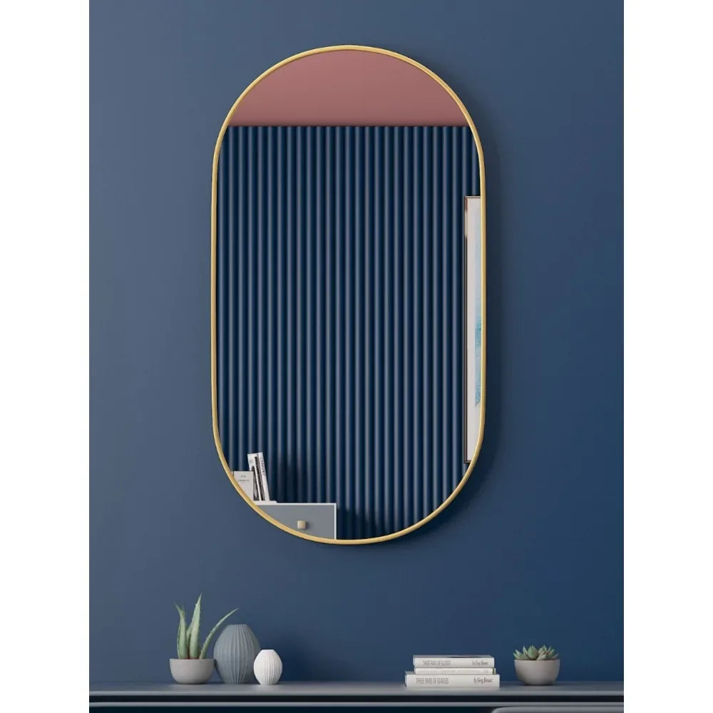Punch-free bathroom mirror oval toilet wall desktop household black gold cosmetic